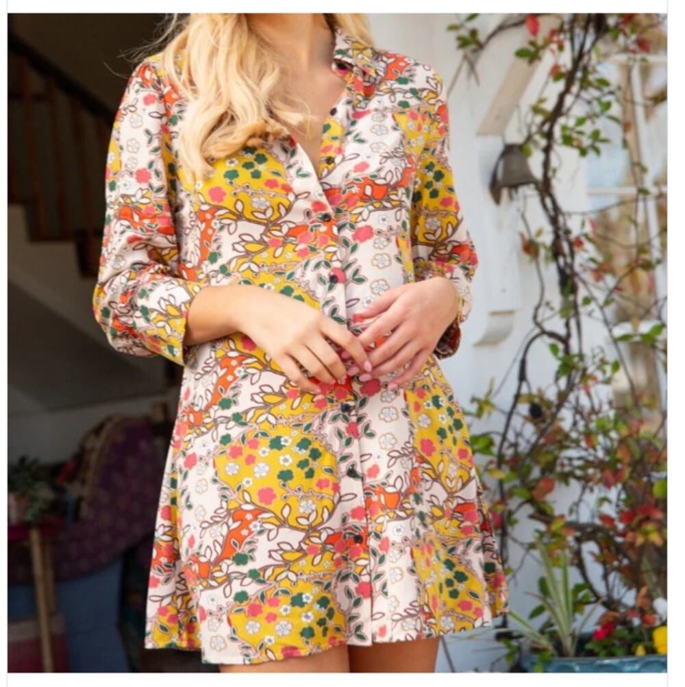 Natural Life Floral Boho Shirt Dress Tunic Rayon 70's Women's Medium